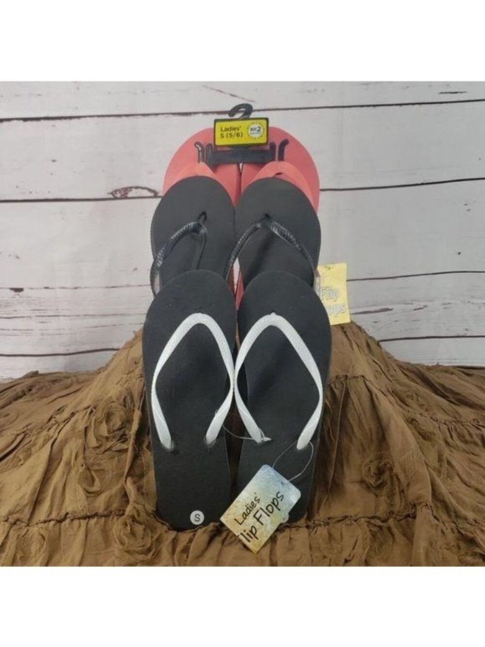 Ladies Flip Flops Set - Black & Coral - Size 5/6 - Casual Summer Beach Sandals